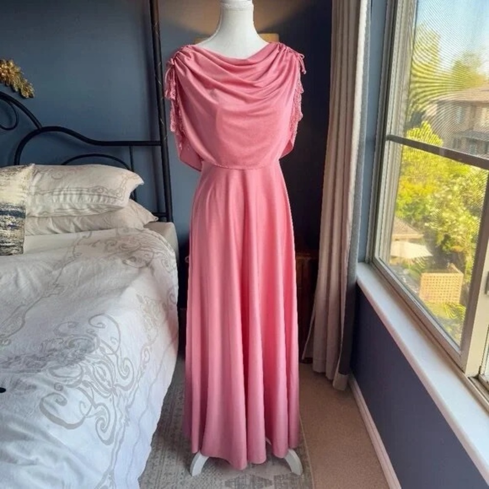 Vintage Pink Asymmetrical Pleated Maxi Gown